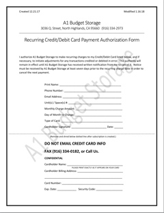 A1 Budget Storage Monthly Recurring Billing Approval / Signup Form