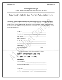 A1 Budget Storage Monthly Recurring Billing Approval / Signup Form