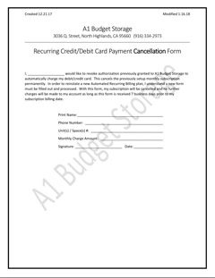 A1 Budget Storage Monthly Recurring Billing Cancellation Form